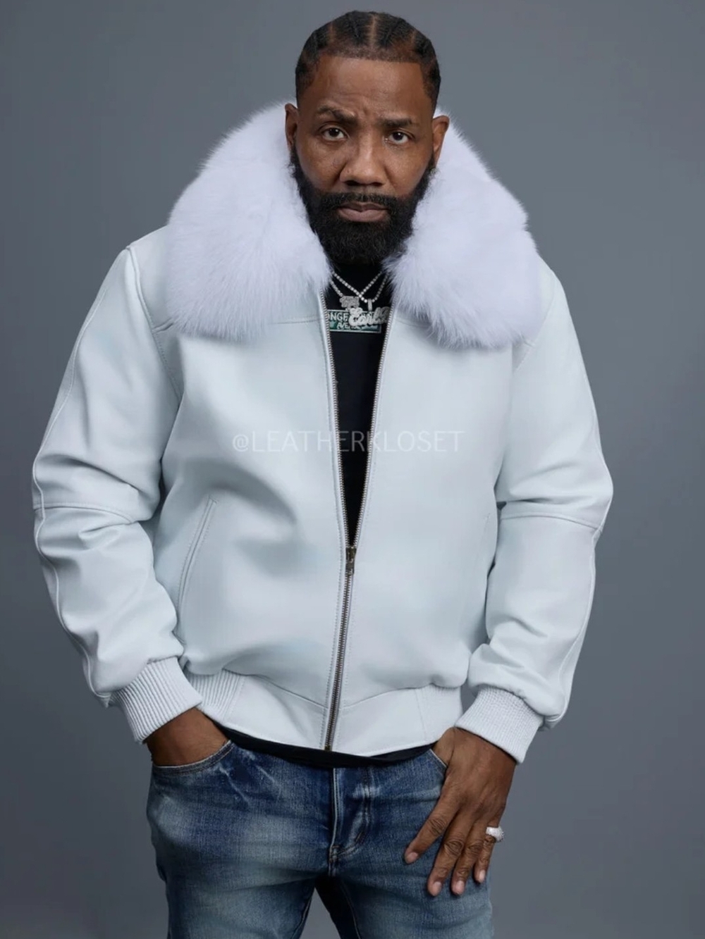 Men's White Bomber Jacket with Genuine Fox Fur Collar